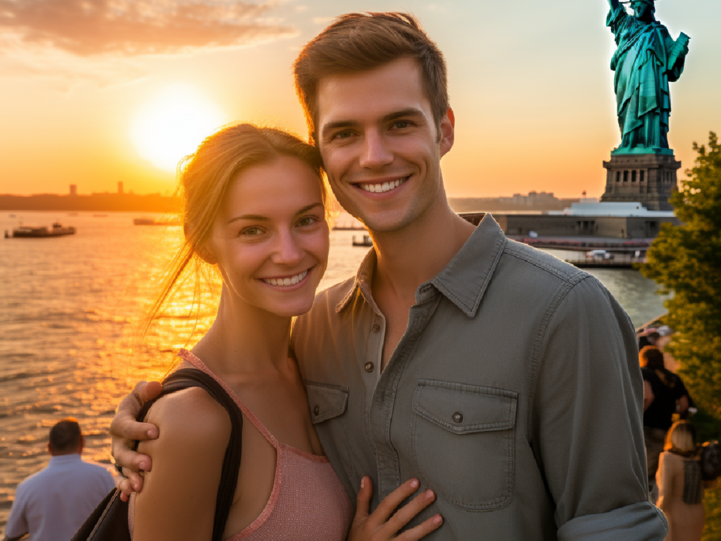 Joyful couple celebrating their successful completion of couples therapy in New York, standing together outside the 'Loving at Your Best Marriage and Couples Counseling' center.