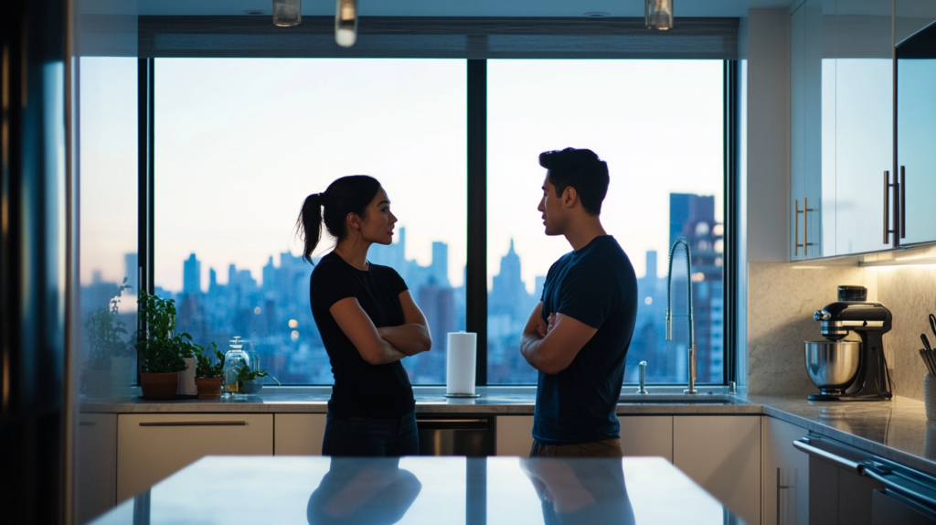 Couple facing each other during a tense moment in a Manhattan apartment kitchen, representing the Gottman Four Horsemen patterns addressed in online couples therapy at Loving at Your Best