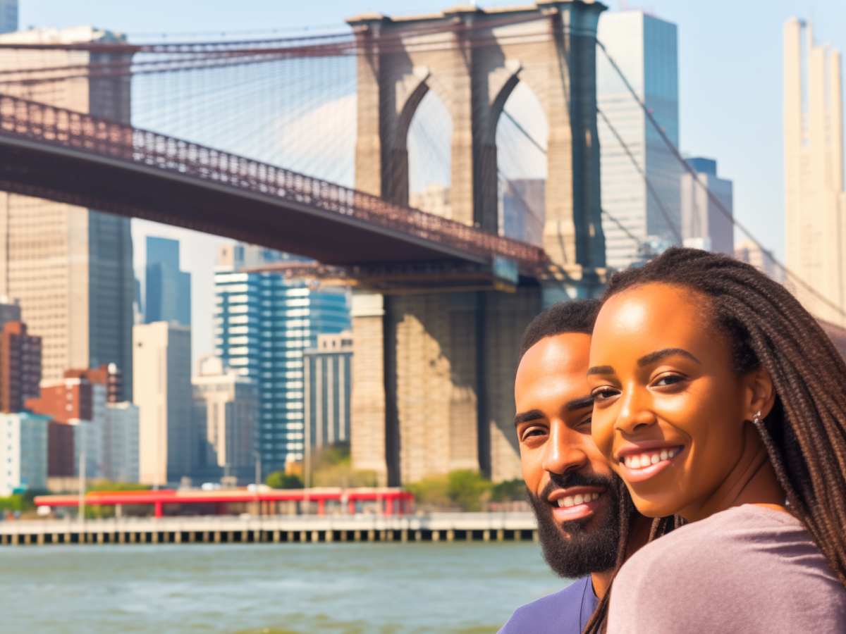 Image of marriage counseling new york with a happy couple near the Brooklyn Bridge.