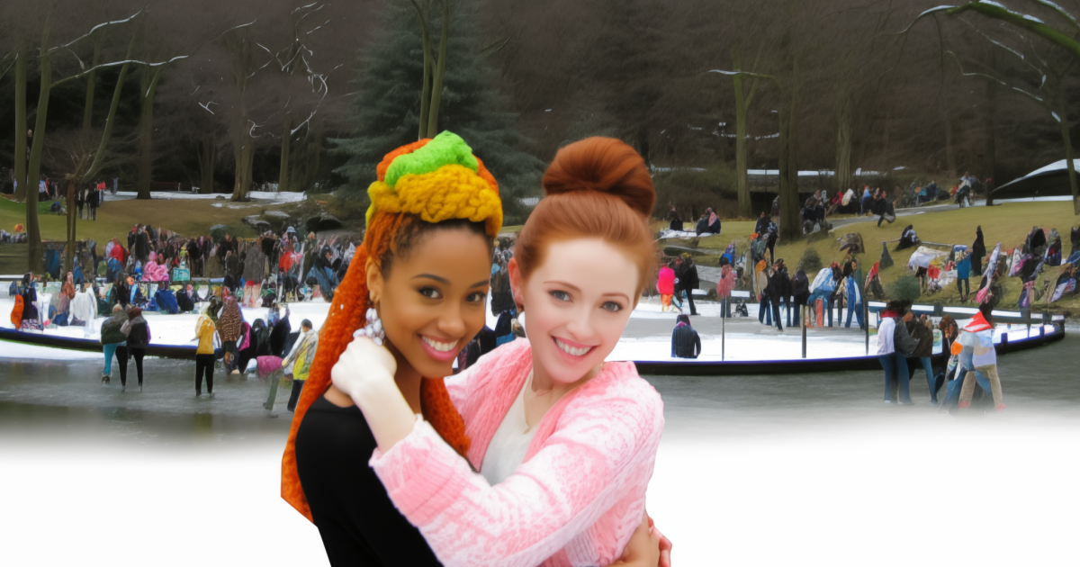 Image of lesbian couple in Central Park, New York, holding each other in front of the ice skating rink.