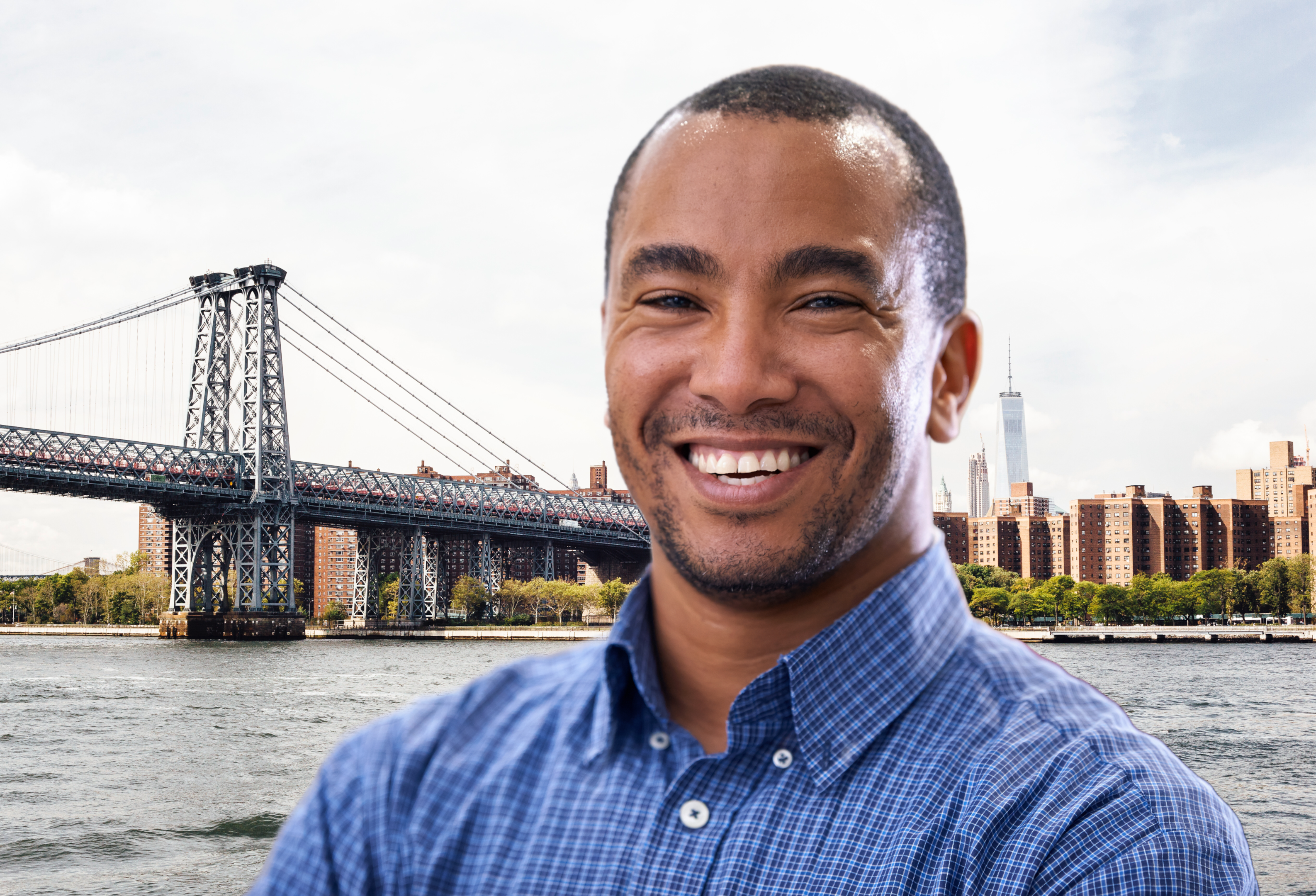 Image of male psychotherapist near Williamsburg Bridge in NYC in online training course in schema therapy.