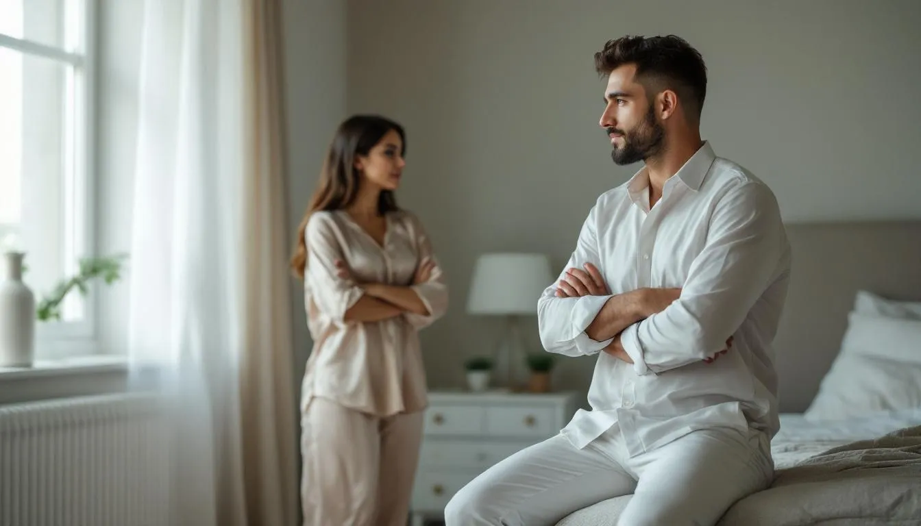 In a softly lit bedroom, an attractive couple sits on the edge of the bed, appearing distant and disconnected, symbolizing the emotional distance often found in a sexless marriage. Their body language suggests a lack of physical intimacy and sexual desire, reflecting the complexities of their relationship dynamics and the challenges many couples face in maintaining a fulfilling sexual relationship.