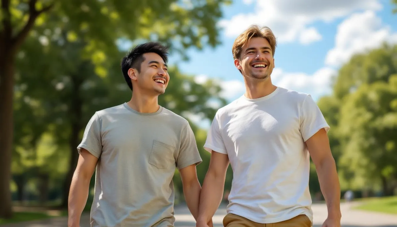 In Central Park, a smiling gay couple enjoys a sunny summer day, walking closely together. The image captures the joy of their relationship in a moment that reflects a healthy partnership, reminiscent of the positive outcomes often sought in couples therapy.