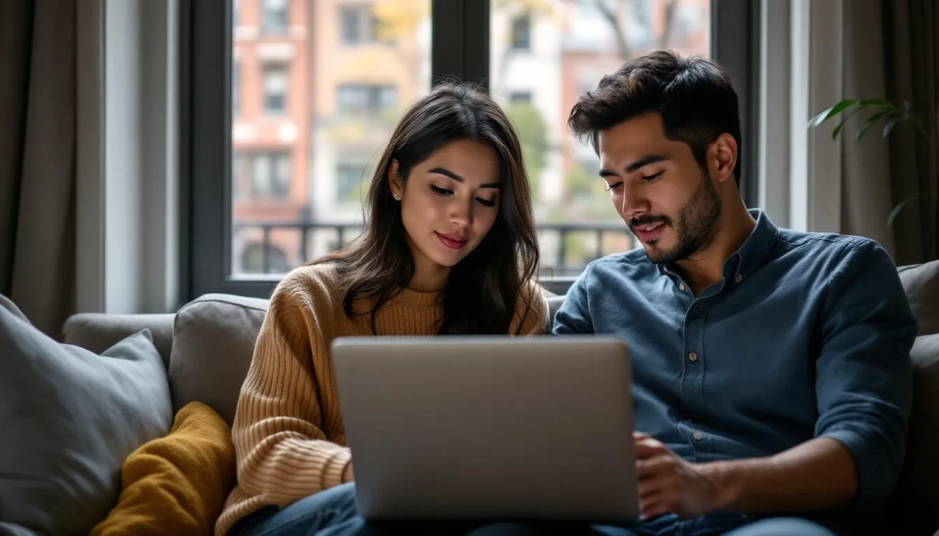An Asian couple is sitting together in front of a laptop, engaged in a live video session with their marriage counselor, displaying focused expressions as they discuss their relationship. The background features a scenic view of Park Slope, Brooklyn, adding a warm atmosphere to their couples therapy session.