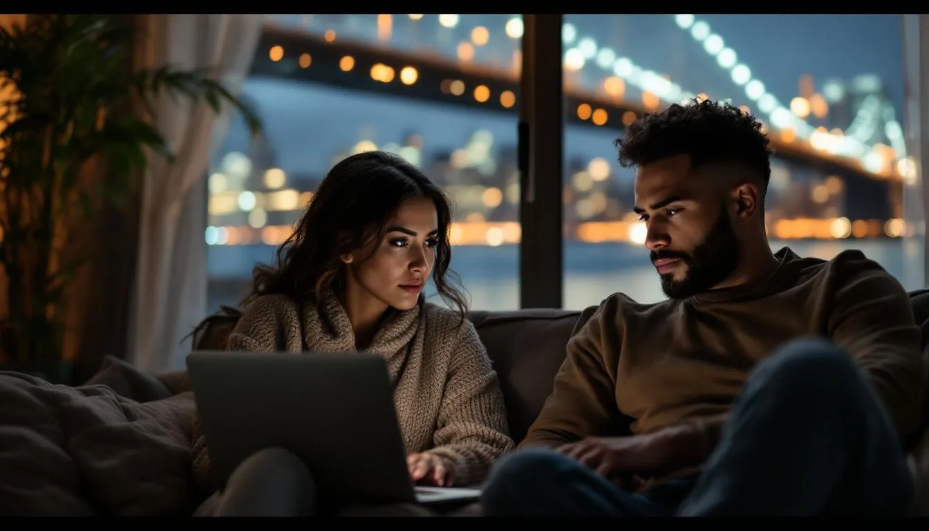 In a portrait mode image, a couple engages in an online therapy session with their marriage counselor, their laptop open in front of them. The Williamsburg Bridge looms in the background, while their expressions reflect a mix of concern and hope as they discuss their relationship issues.