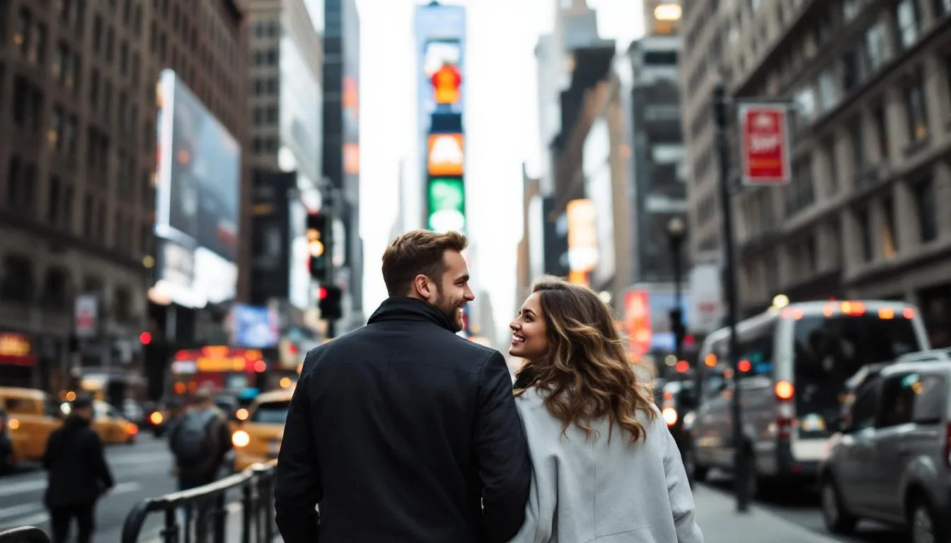 A couple walks hand-in-hand through Midtown Manhattan, their faces reflecting a mix of joy and contemplation, embodying the essence of a healthy relationship. The bustling city backdrop enhances their connection, suggesting they may be on a journey to strengthen their bond through marriage counseling or couples therapy.