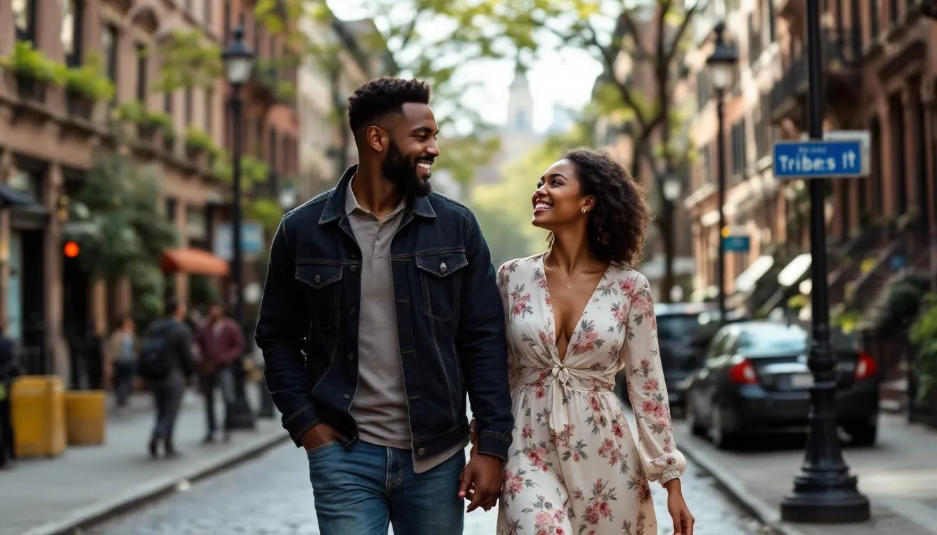A diverse couple walks hand-in-hand through the vibrant streets of Tribeca, New York City, their expressions reflecting joy and connection. This portrait captures the essence of a healthy relationship, reminiscent of the themes explored in couples therapy and marriage counseling.