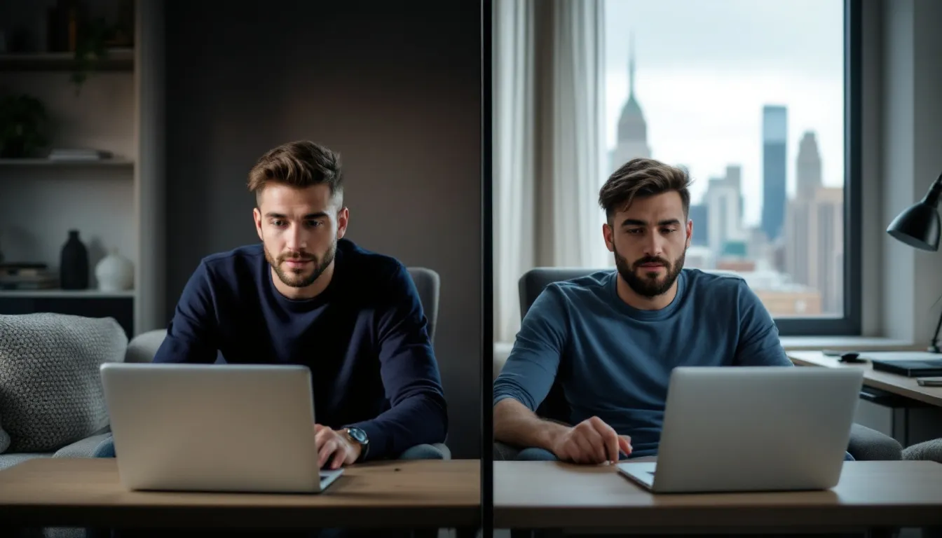 The image depicts a gay male couple engaged in an online therapy session focused on ADHD couples therapy, set against the backdrop of midtown Manhattan. The scene illustrates the couple's effort to address ADHD-related challenges in their romantic relationship, highlighting their commitment to improving communication and understanding each other's perspectives.