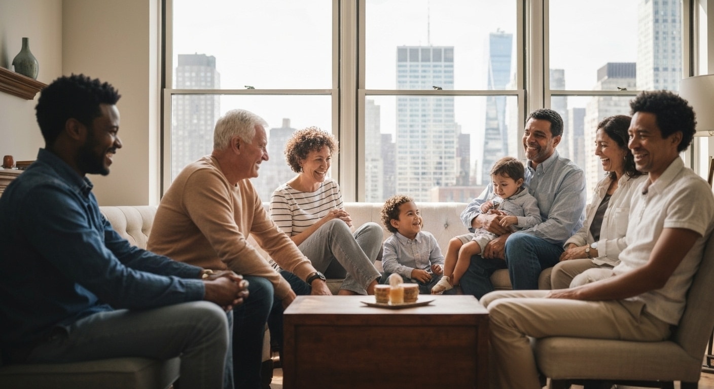 Extended New York family at mixed gathering.