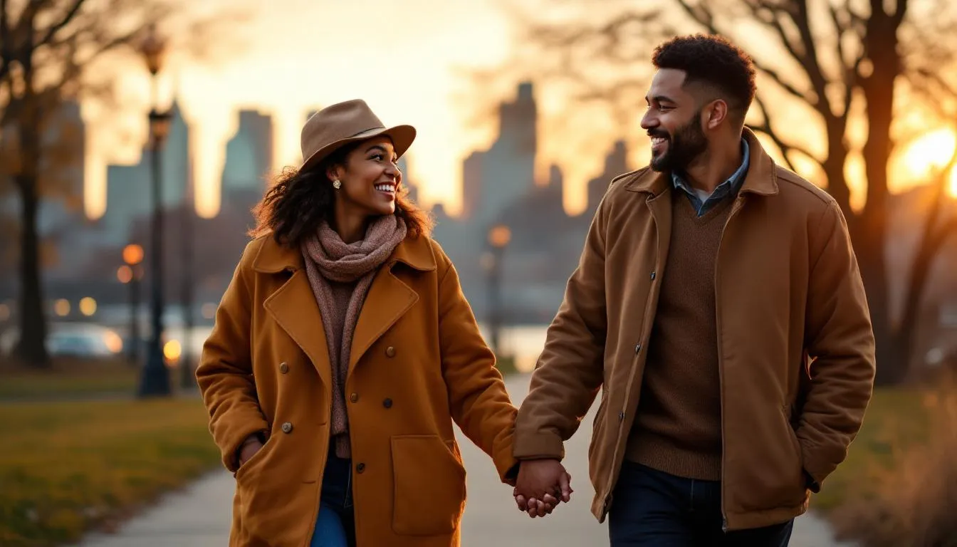 A middle-aged diverse couple, consisting of a Black woman and a Latino man, walks hand-in-hand through Brooklyn Bridge Park at sunset, with the Manhattan skyline glowing in the background. This candid moment captures their emotional connection and warmth, symbolizing the healing process and deeper connection often sought in marital reconciliation after challenges like infidelity.