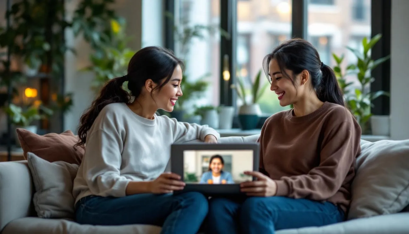 A realistic photograph shows an Asian American couple in their 40s engaged in an online couples therapy session from their stylish Manhattan apartment. They sit closely on a couch, looking at their laptop with warm expressions as they communicate with a therapist, embodying emotional intimacy and the hopefulness essential for the healing process after infidelity.