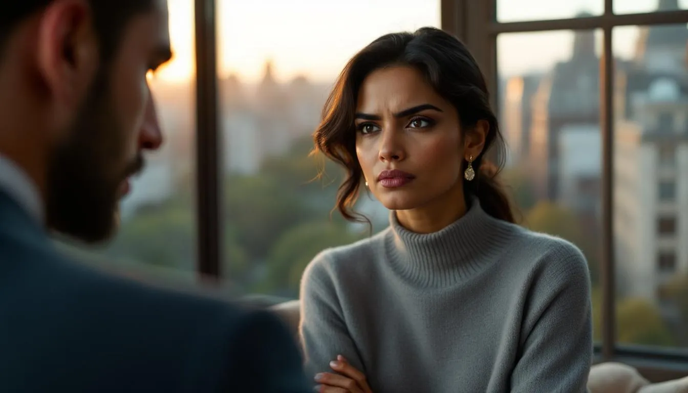 A close-up image captures an elegant Indian woman, around 38 years old, in a luxurious Upper East Side apartment, rolling her eyes with a sneer of contempt, while her blurred husband, 40, appears hurt in the background. The scene, bathed in warm golden light from large windows overlooking Central Park, reflects a moment of relationship conflict, highlighting the negative interactions typical of the "four horsemen" behaviors, such as contempt and defensiveness.