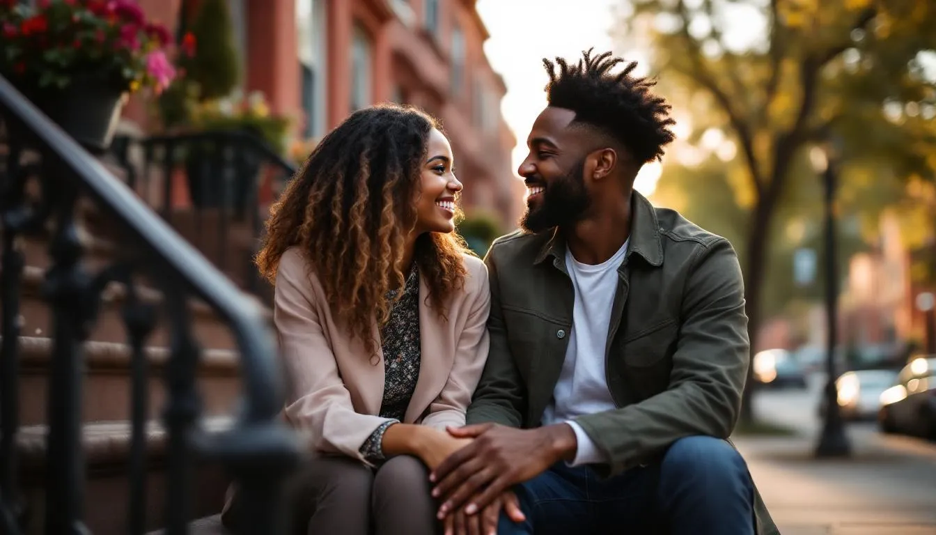 A diverse couple in their 30s, dressed casually yet professionally, sits closely on a brownstone stoop in Brooklyn, holding hands and gazing at each other with genuine smiles, showcasing their emotional connection and intimacy. The warm golden hour light highlights their affectionate body language against the backdrop of tree-lined streets and brownstone buildings.