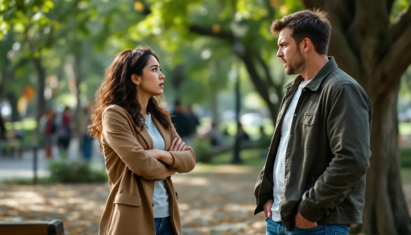An Asian woman and a White man are depicted in a tense moment in Prospect Park, Brooklyn, reflecting the unique challenges of their ADHD relationship. The scene captures their emotional disconnect, highlighting the struggles of communication and understanding between an ADHD partner and a non-ADHD partner amidst relationship problems.