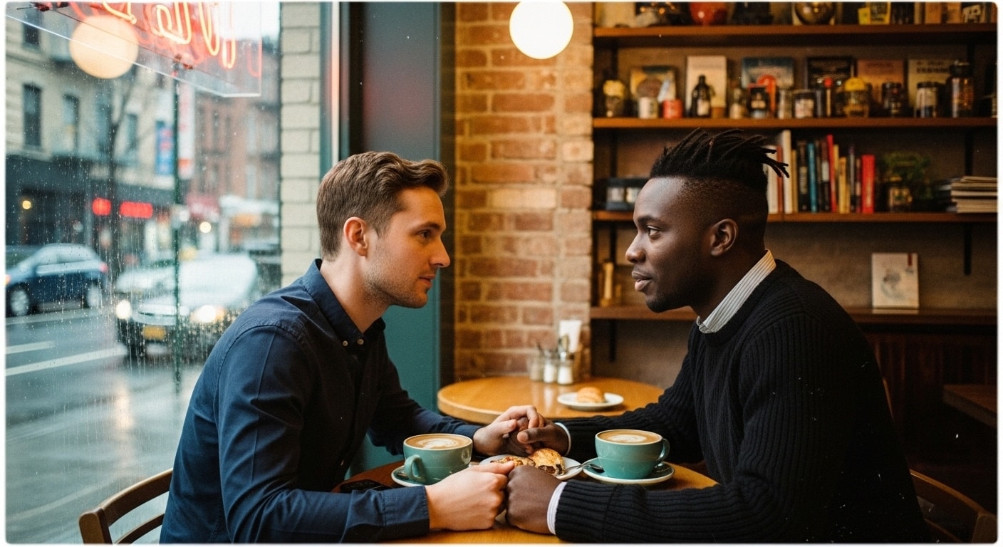 Image of gay couple in Brooklyn reflecting on how to recover after infidelity.
