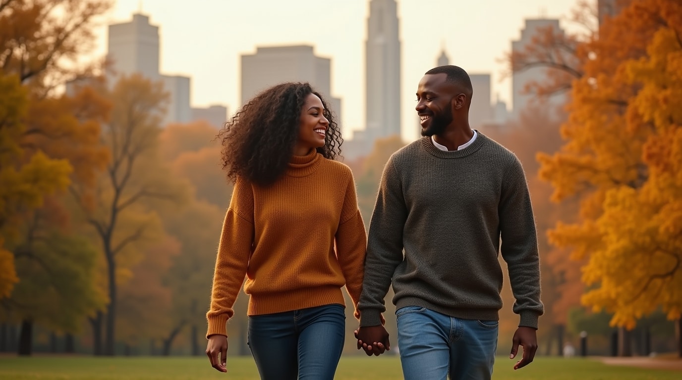 Happy diverse couple showing emotional connection and appreciation walking in Central Park representing healthy relationship without four horsemen.