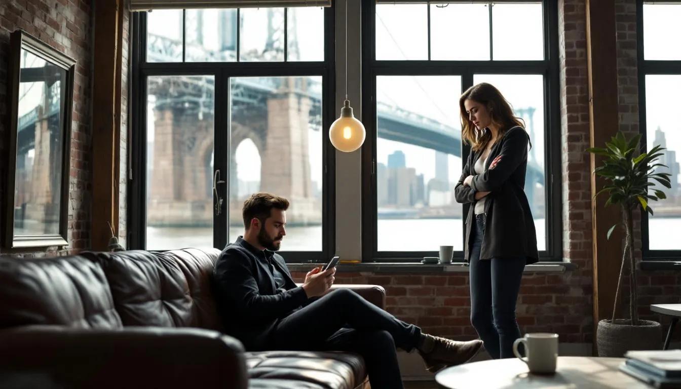 In a photorealistic image, a white woman and an Asian man are depicted in their industrial-style DUMBO Brooklyn loft, with large windows showcasing the Manhattan Bridge and East River. The man, absorbed in his phone and displaying an expression of emotional distance, contrasts sharply with the woman's frustrated demeanor as she attempts to communicate, embodying the relationship conflict and stonewalling behaviors highlighted in the Gottman method.