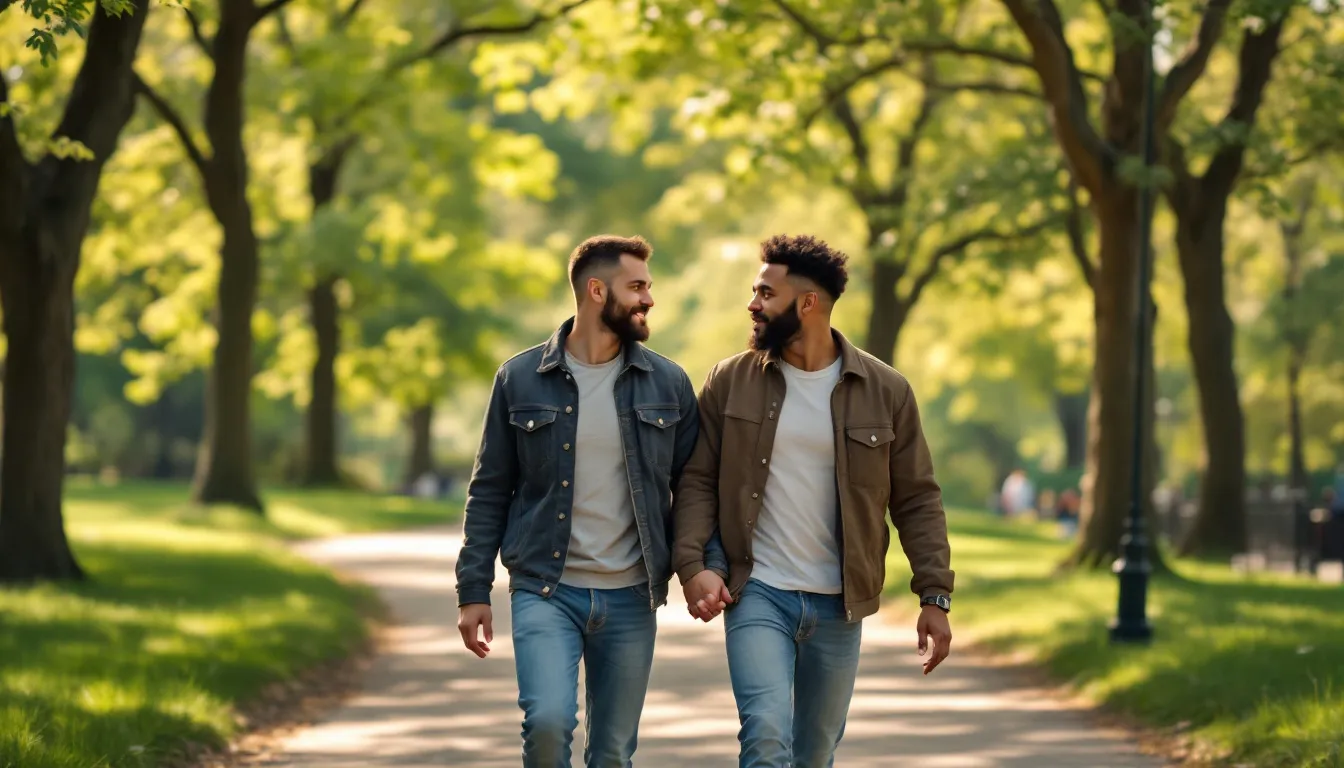 In Central Park, diverse couples, both straight and gay, stroll arm-in-arm in casual attire, appearing thoughtful as they navigate their relationships. Their expressions suggest a deep awareness of the complexities of love, including the influence of family members and the importance of mutual respect in resolving conflicts.