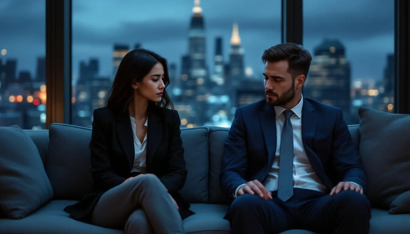 A diverse couple, consisting of a 35-year-old Asian woman and a 38-year-old white man, sits on opposite ends of a modern gray couch in a luxury apartment, both gazing away from each other with sad, contemplative expressions. The Manhattan skyline is visible through large windows behind them, casting a melancholic atmosphere that reflects their emotional distance and potential intimacy issues in their marriage.