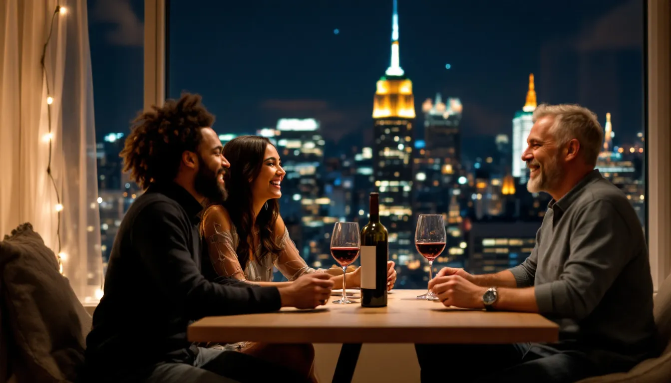 A diverse couple in New York smiles while sharing a glass of wine with their friendly in-laws, enjoying a family gathering with the NYC skyline visible through the window. The warm atmosphere reflects mutual respect and the importance of setting boundaries in relationships, as they navigate the dynamics of extended family and parenting advice.