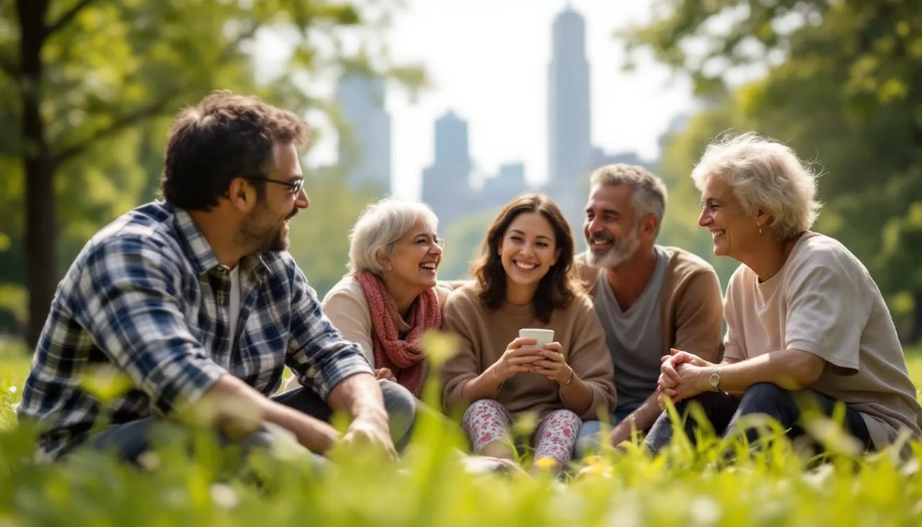A diverse group of middle-aged couples, including Asian, White, Black, Indian, and Latino partners, are engaged in warm conversation on the grass in Central Park on a sunny afternoon. The scene captures a supportive and hopeful atmosphere, highlighting the importance of honest communication and emotional intimacy in the healing process after infidelity.