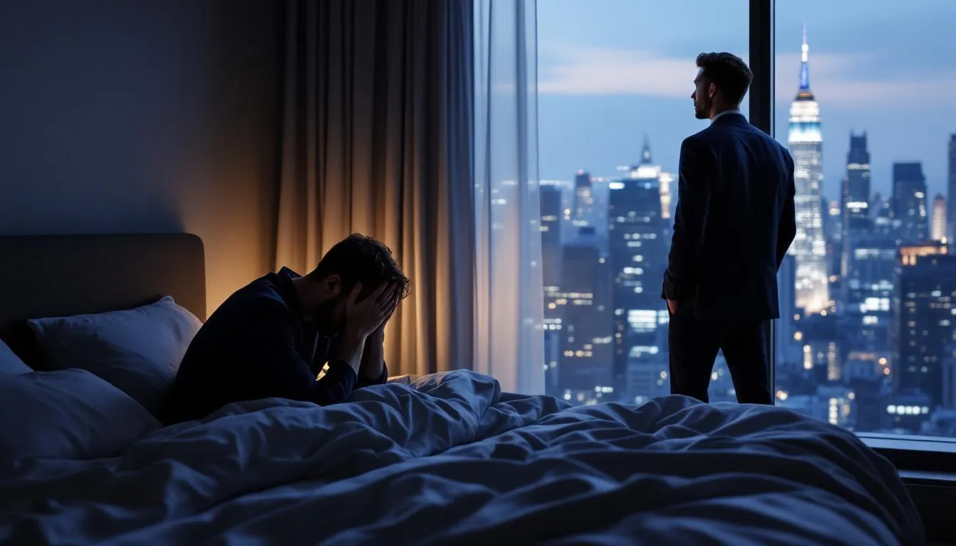 A professional gay couple in their late 30s to early 40s sits in a modern Manhattan high-rise apartment, showcasing signs of emotional disconnection and stress. One partner, looking exhausted with their head in their hands, sits on the unmade bed while the other gazes out at the New York City skyline, highlighting the loneliness and unresolved conflicts in their relationship despite their physical proximity.