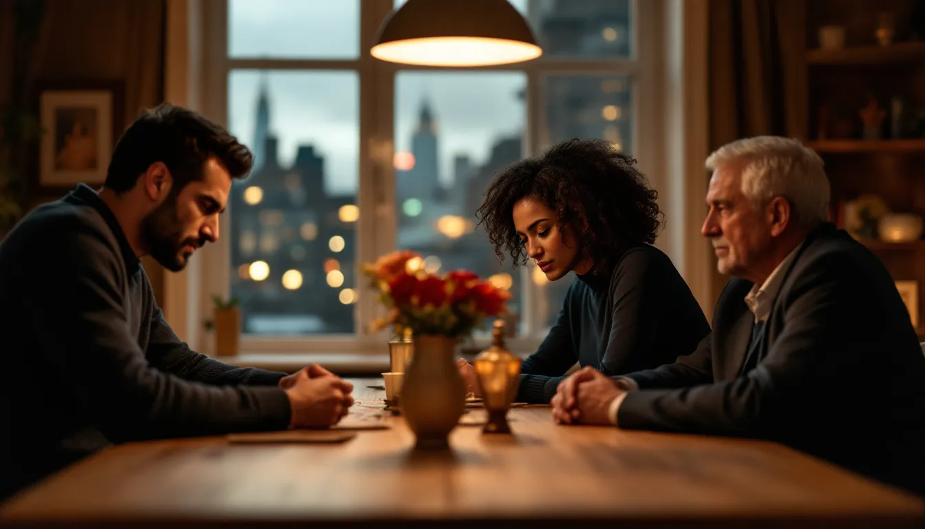 An interracial couple sits at a dinner table in a brownstone apartment, visibly tense as they navigate the presence of their in-laws and other family members. The atmosphere reflects the challenges of creating mutual respect and setting boundaries in relationships, highlighting the complexities of family gatherings and the influence of unsolicited advice on their marriage.