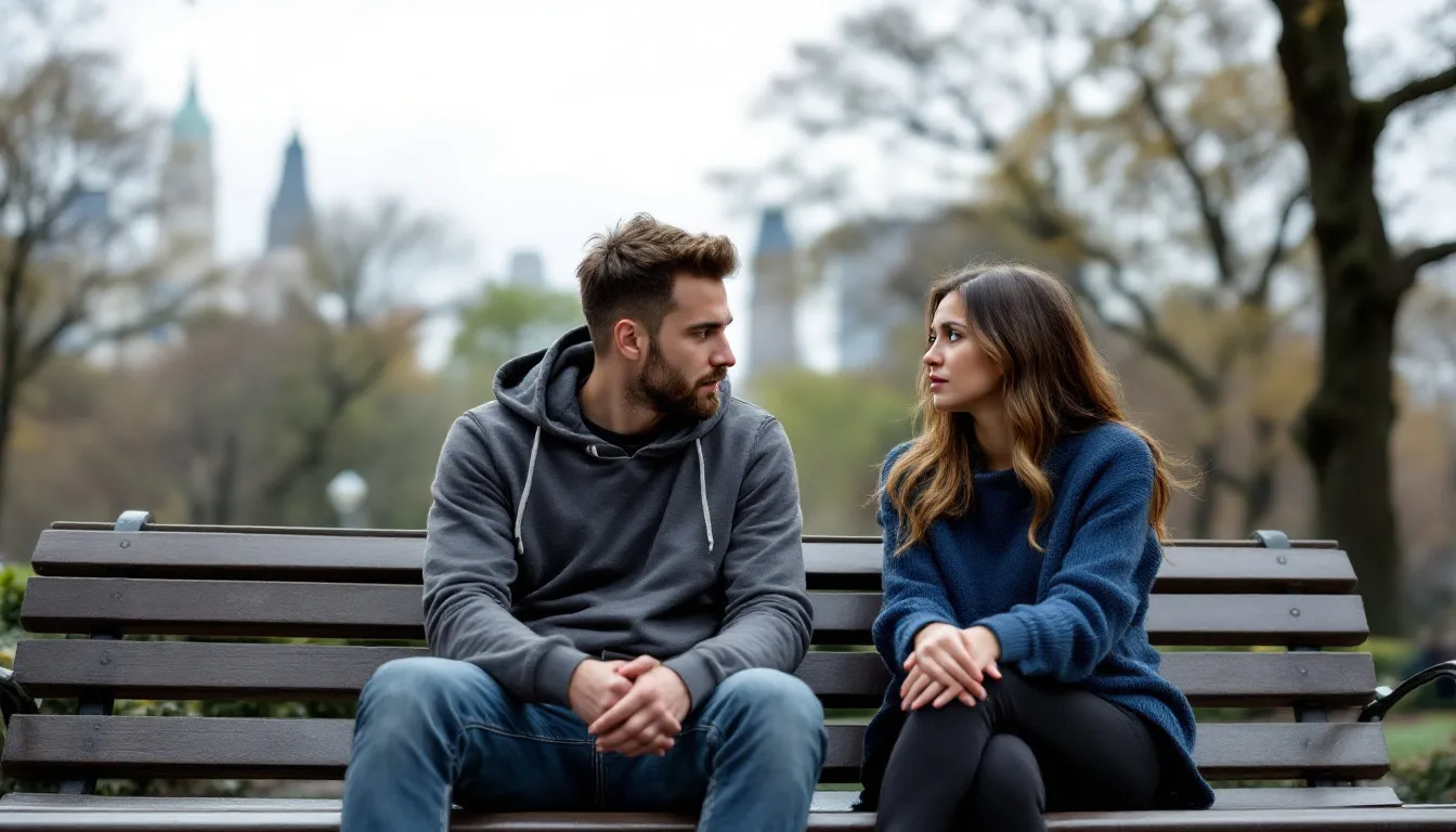 A couple in Central Park, New York City, appears to be experiencing communication challenges and frustration, likely stemming from ADHD symptoms. The scene captures their emotional disconnect as they navigate the unique struggles of their ADHD relationship, highlighting the impact of untreated ADHD on their romantic relationship dynamics.