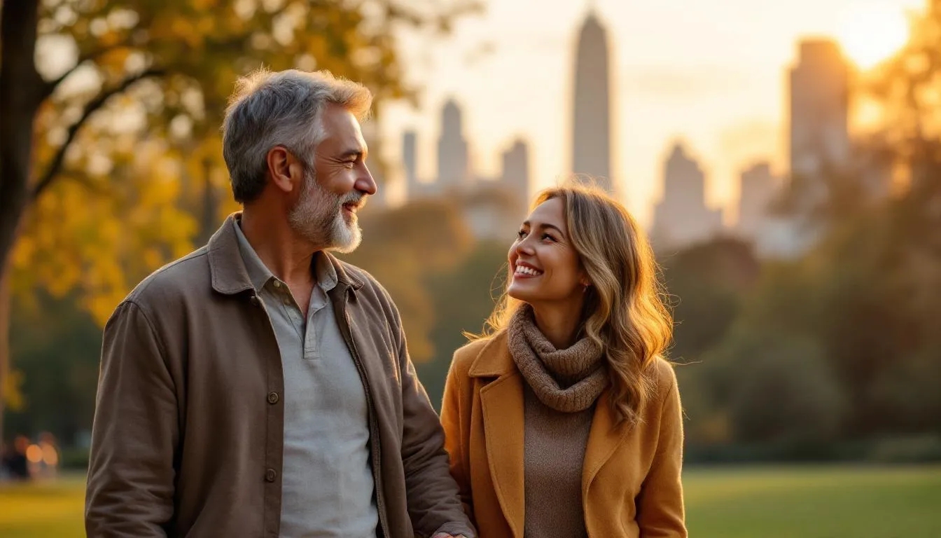 Diverse middle-aged couple walking hand in hand in Central Park at sunset, symbolizing healing and trust rebuilding after infidelity