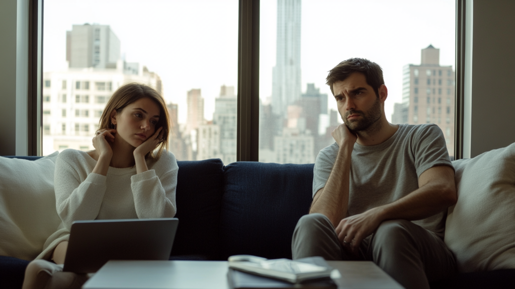 Couple sitting apart on a sofa after an unproductive therapy session, representing why couples therapy fails without evidence-based methods and what to do next at Loving at Your Best in NYC