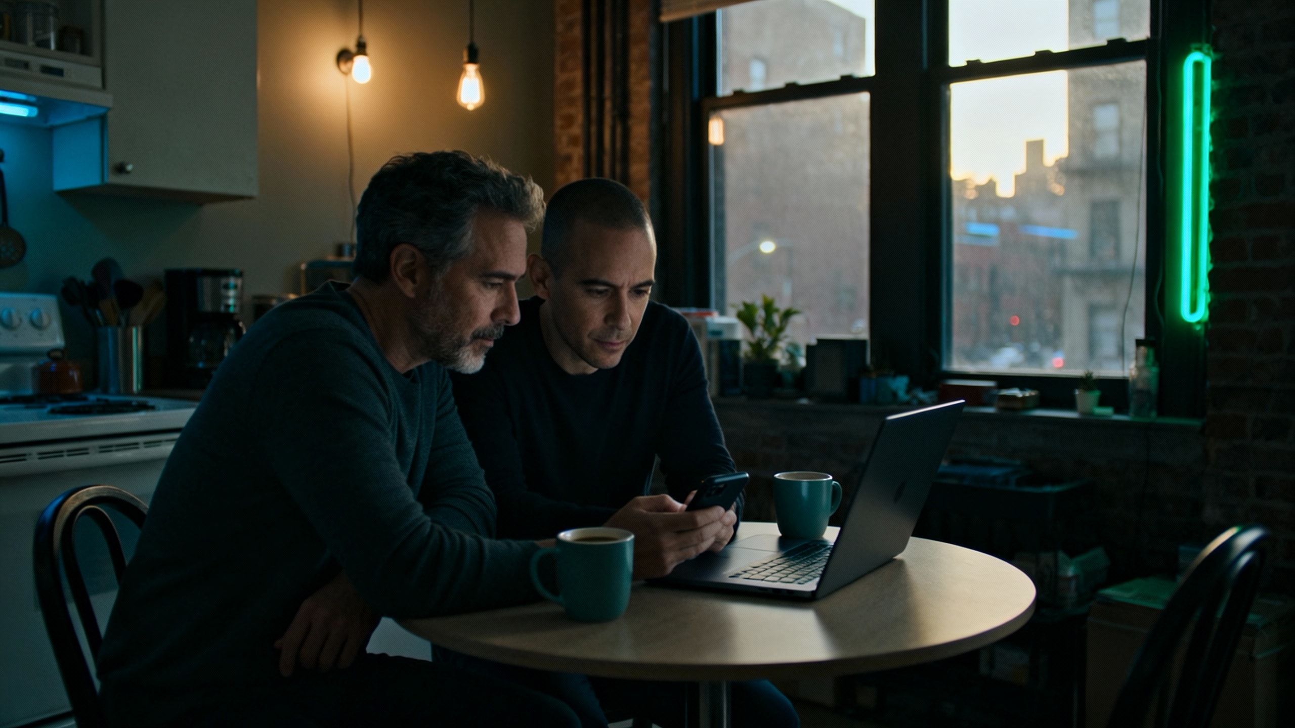 New York couple sitting together at a kitchen table, calmly reviewing a phone and laptop side by side, showing honest conversations about online behavior and finances.