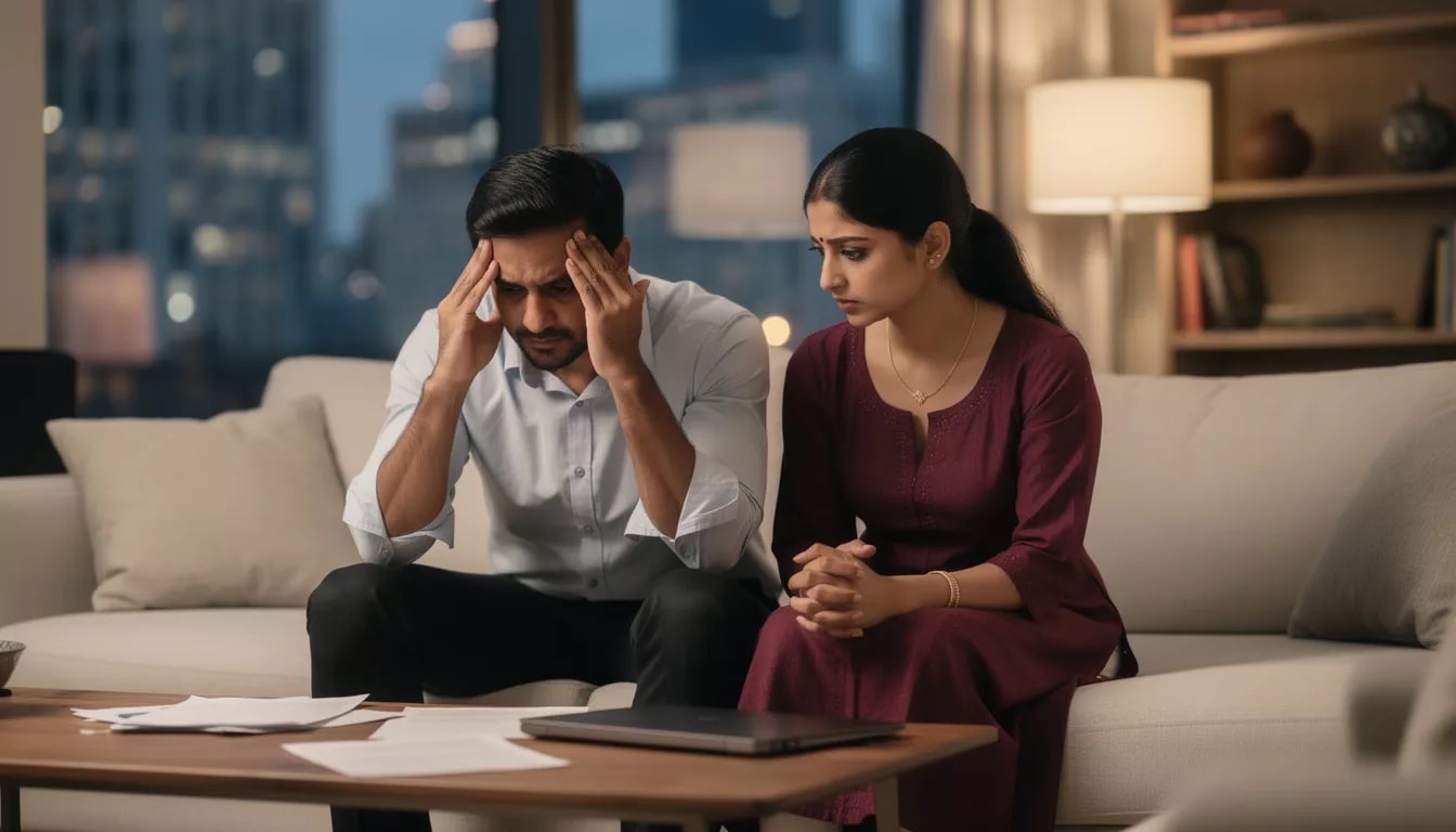 Indian couple in an upscale New York apartment both looking tense and overwhelmed on the couch, showing how one partner’s anxiety affects the other.