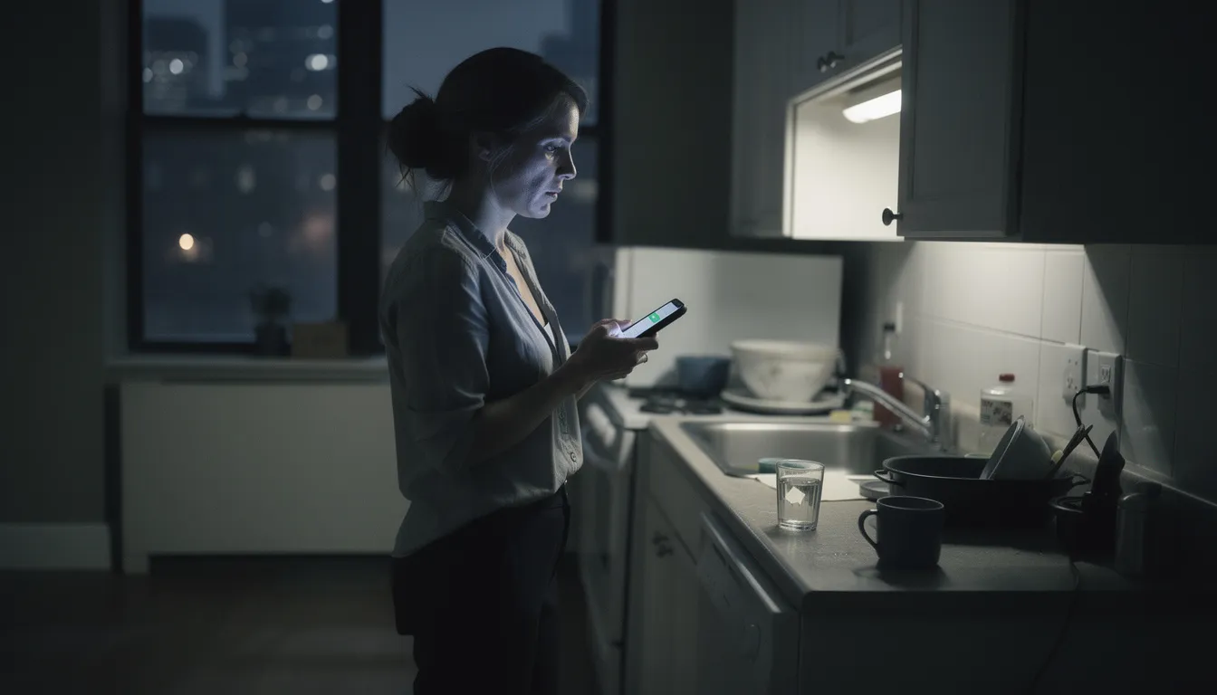 In this ultra-realistic photograph, a late-30s professional woman stands alone in a dimly lit New York City apartment kitchen at 2 AM, holding a smartphone with a devastated expression, hinting at the intense emotions of betrayal following her partner's affair. The muted cool tones and city skyline visible through the window underscore the quiet moments of fear and emotional turmoil she faces during this difficult stage of grief.