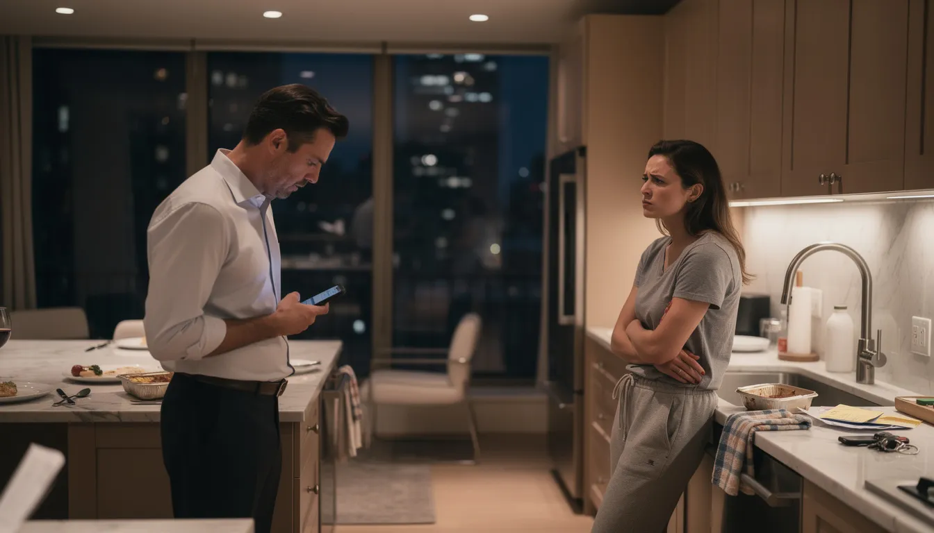 A professional couple in their 30s stands in a large Manhattan kitchen at night, with one partner in formal attire holding a smartphone and displaying a guilty expression, while the other, dressed casually, looks hurt and angry. The warm indoor lighting highlights the emotional tension between them, suggesting underlying marital problems and the complexities of their relationship, potentially including issues like infidelity or emotional affairs that could lead to divorce.