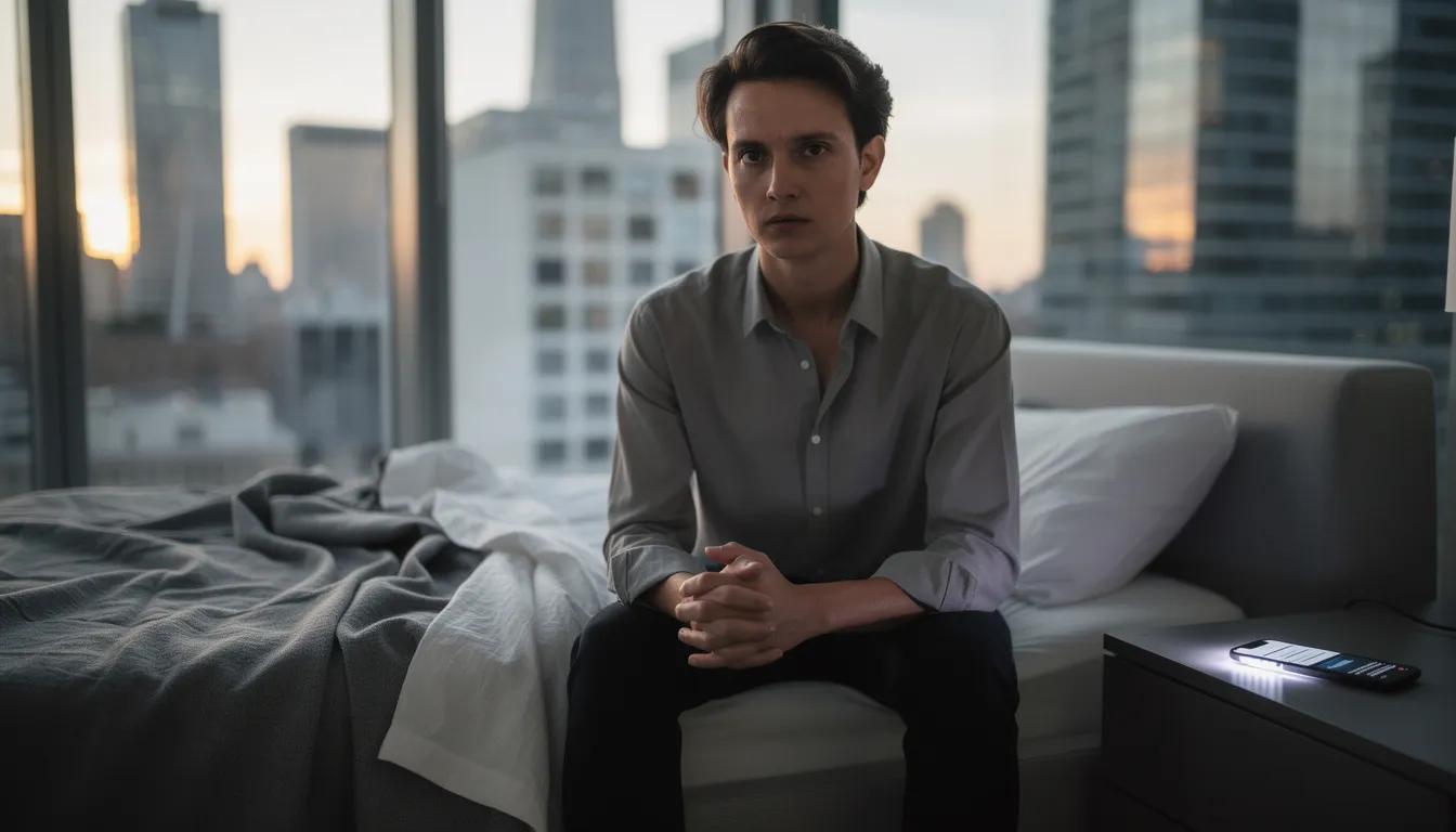 A gender-diverse professional in their 30s sits on the edge of an unmade bed in a spacious Manhattan bedroom, bathed in early morning light. With their hands tightly clasped and a frozen expression, they appear to be experiencing intense emotions, possibly reflecting on the stages of grief after a partner's affair, as their phone lights up on the nightstand beside them.
