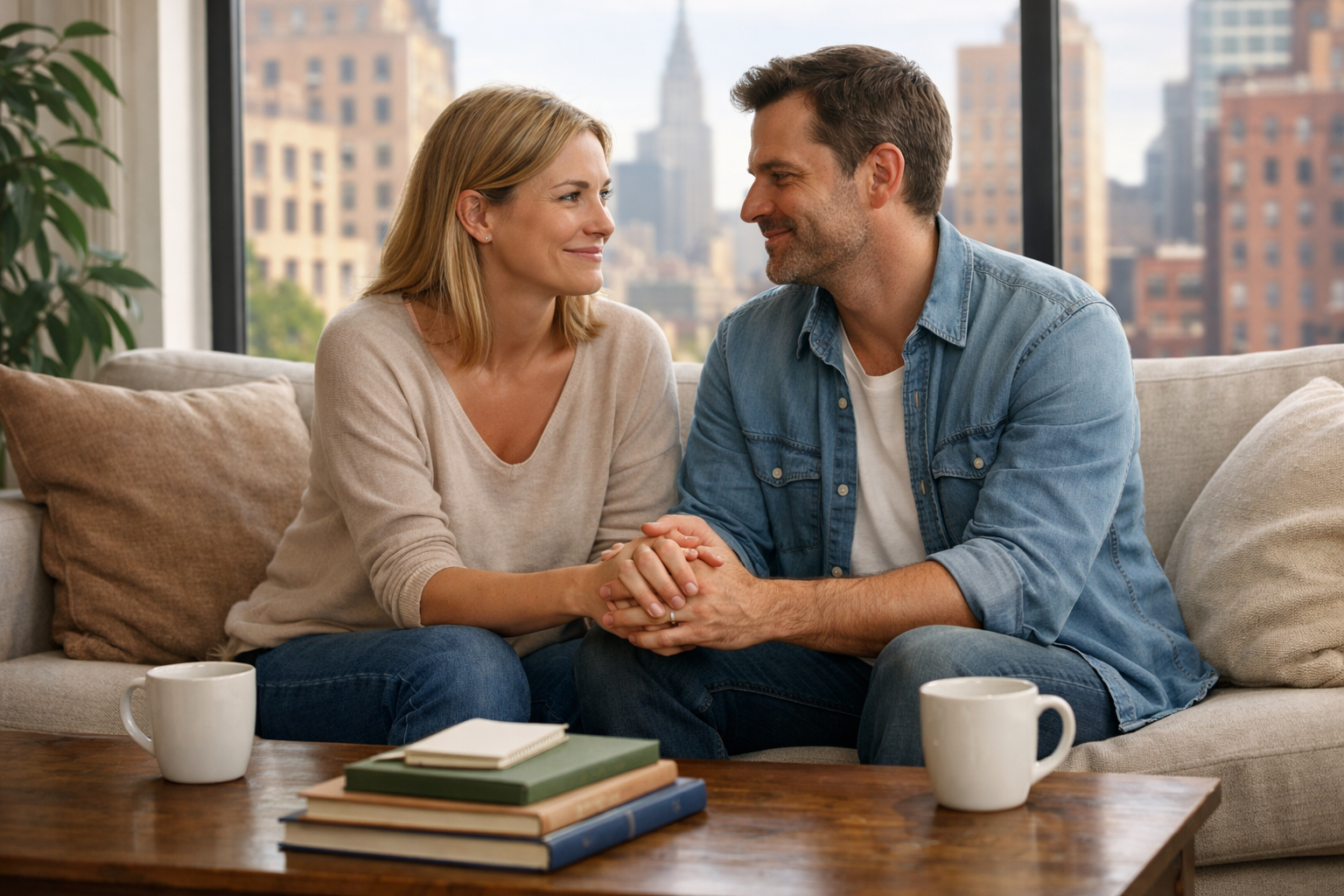 White married couple in a New York apartment sitting close on the couch, holding hands and smiling softly at each other, representing renewed connection after infidelity