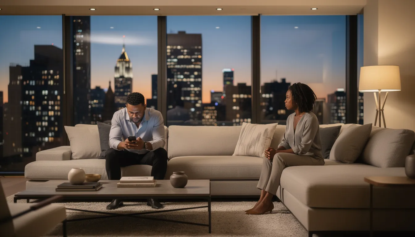 In a stylish Manhattan high-rise living room, a Black professional couple in their early 40s sits on opposite ends of a large sectional couch, reflecting the emotional distance caused by anxiety issues. One partner, holding a smartphone, appears conflicted and preoccupied, while the other looks away with a guarded expression, highlighting the strain of managing anxiety and the impact it can have on their marriage.