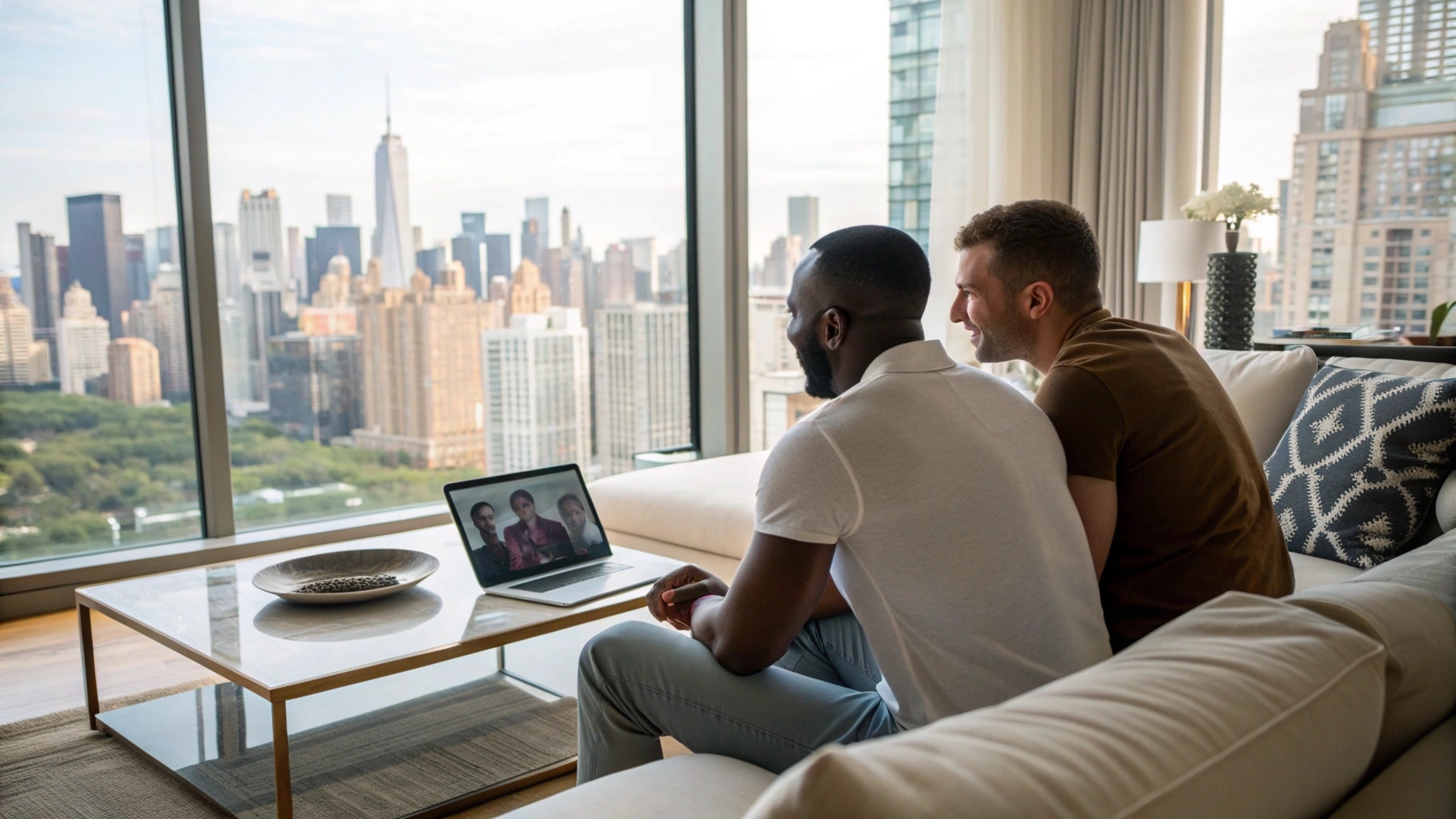 Gay couple in an elegant New York therapist’s office sitting together on a couch, talking with a calm therapist, symbolizing couples therapy for anxiety in marriage.