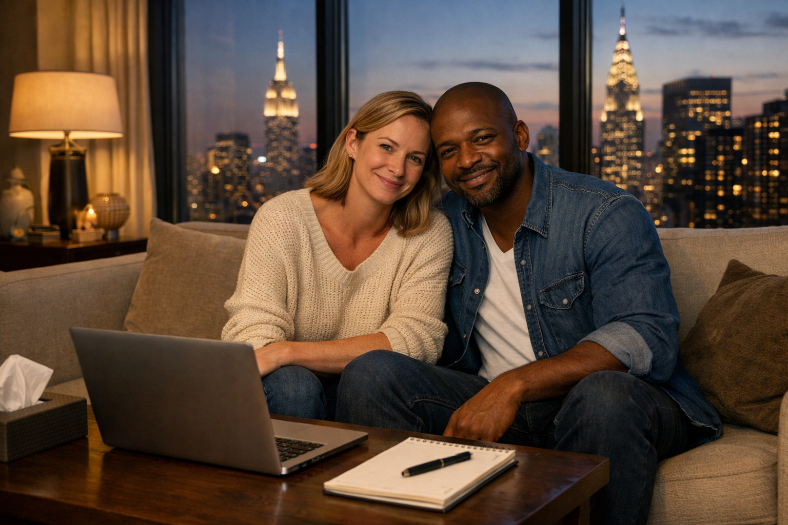 Mixed-race couple sitting close together on a couch in a luxury New York apartment, smiling softly at each other, representing renewed connection after working on anxiety in therapy