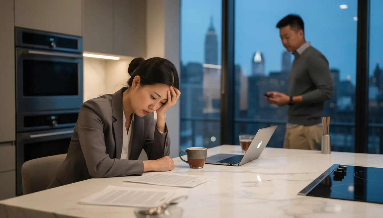 In a luxurious New York apartment, an Asian professional woman in her 30s sits at a marble kitchen island, resting her head in one hand with an expression of emotional exhaustion, reflecting her husband's anxiety and its impact on their marriage. In the background, her anxious husband paces by the large windows, visibly struggling with his thoughts, highlighting the challenges of managing anxiety within a supportive relationship.