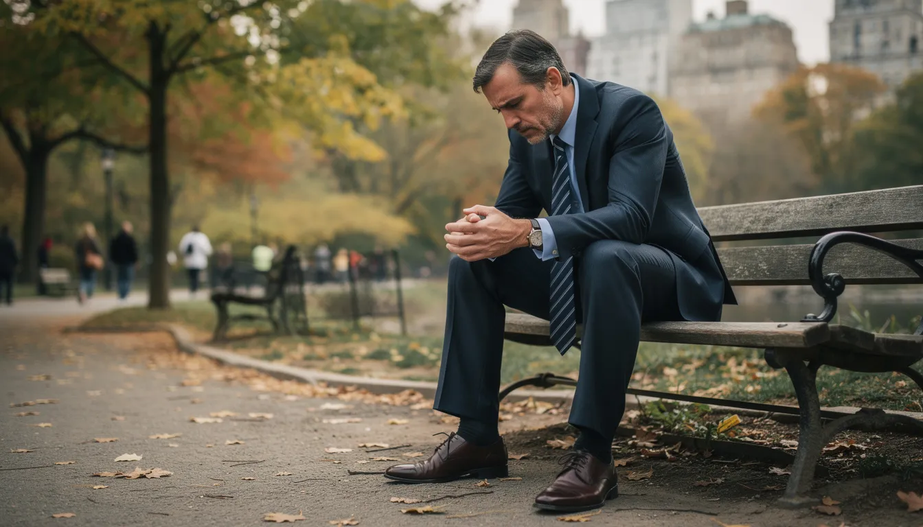 A mid-40s man in business attire sits on a bench in Central Park, his shoulders slumped and gaze directed at his hands, embodying the deep pain and initial shock of discovering his partner's affair. The blurred figures of walkers and city buildings in the background emphasize his isolation during this intense emotional moment, reflecting the stages of grief faced by a betrayed spouse.