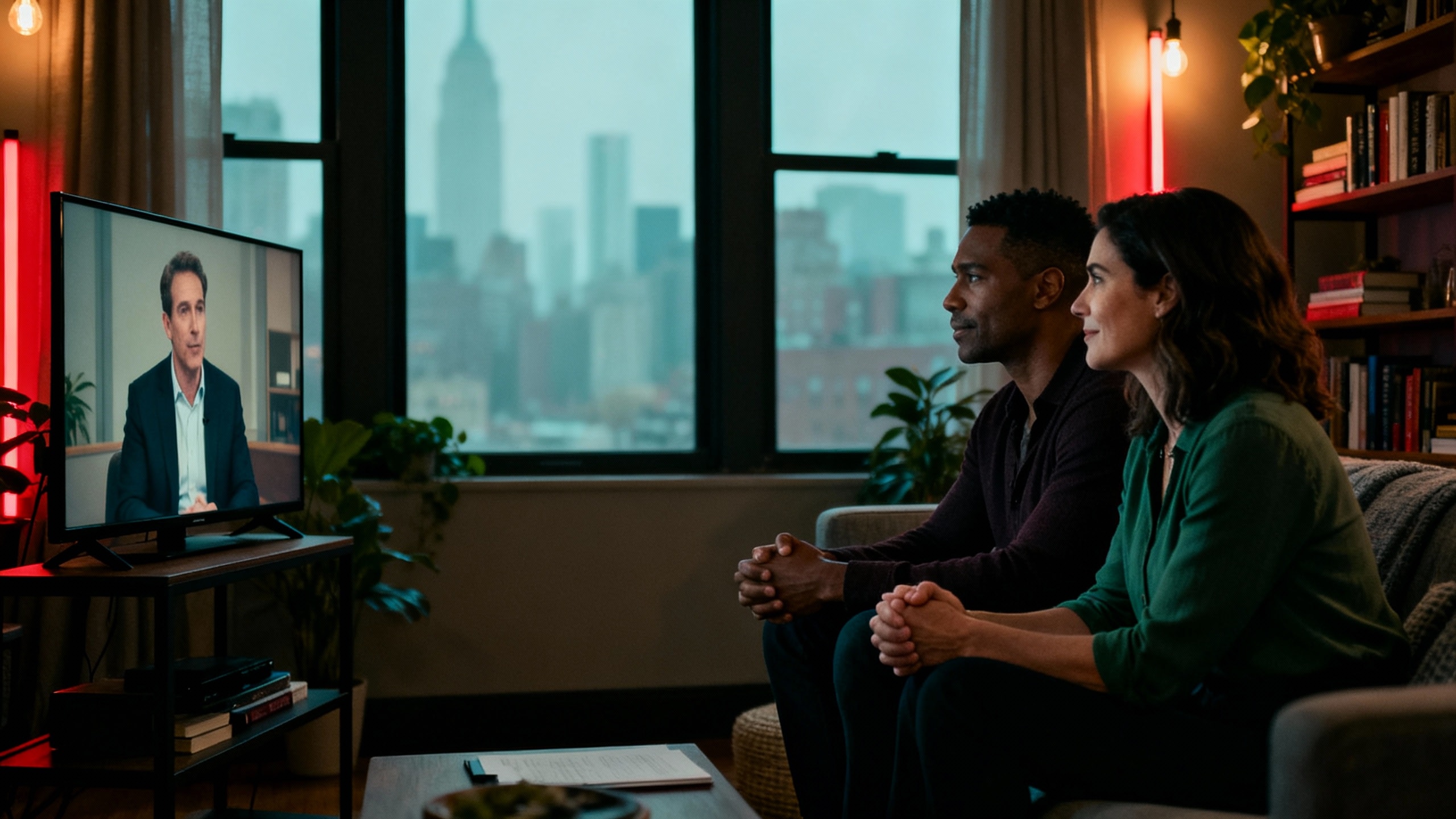 Diverse couple in their New York City apartment sitting together on the sofa during an online couples therapy session, looking hopeful as they work on affair recovery and rebuilding trust after infidelity.