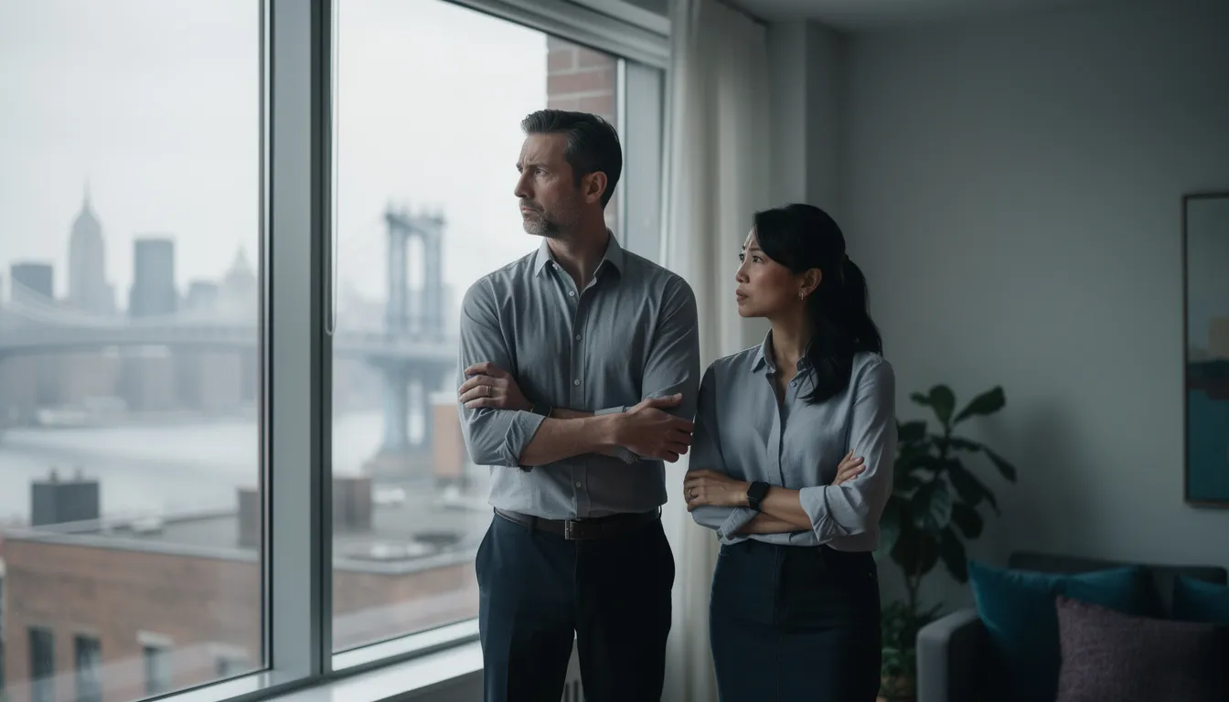 A professional New York couple in their early 40s, one White and one Asian, stands near a large window in their Brooklyn apartment, gazing in different directions with worried expressions. The soft natural light highlights their thoughtful demeanor, reflecting the complexities of marital relationships and the emotional attachment that can lead to issues such as infidelity or the divorce process.
