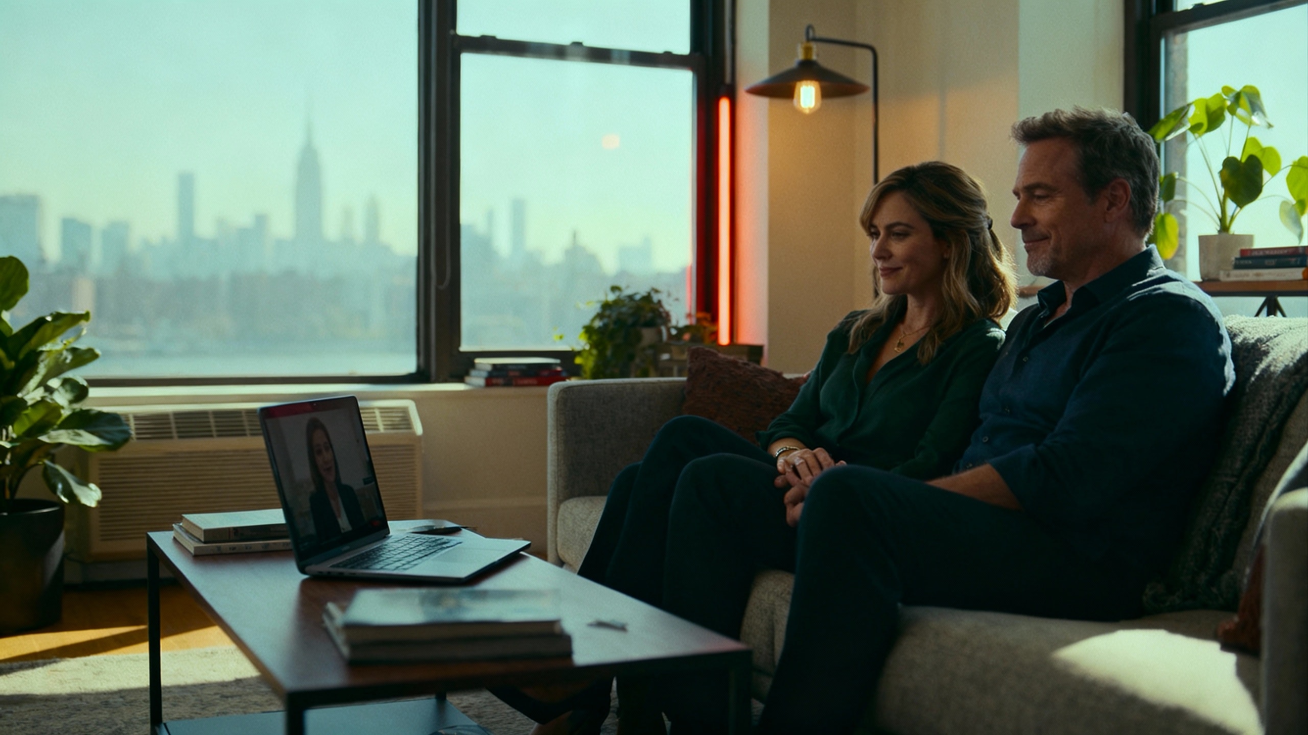 Professional couple sitting together on a sofa in their New York City apartment during an online couples therapy session, looking calm and hopeful as they work on healing after infidelity.