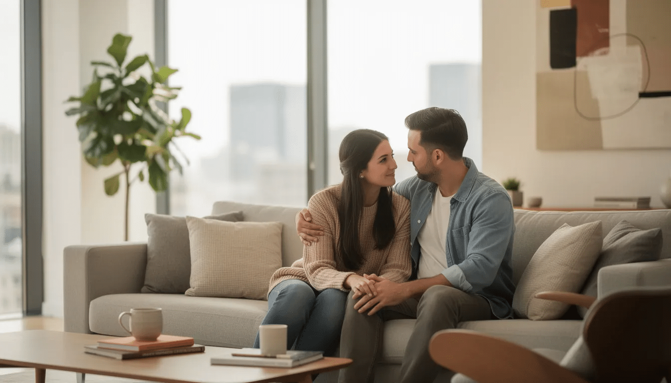 The image depicts a couple sitting closely together in a modern living room, engaged in a calm conversation, which reflects a supportive therapeutic relationship. This intimate setting suggests a safe space for discussing emotional needs and coping strategies, essential components of effective therapy sessions.