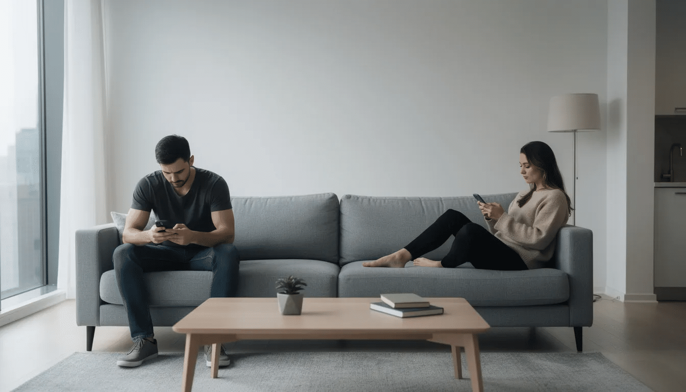 The image shows a couple sitting on opposite ends of a modern couch in a minimalist apartment, both absorbed in their phones and appearing disconnected from each other. This scene reflects the emotional distance that can arise in relationships, often highlighting the importance of addressing mental health issues and the need for effective communication, which can be crucial in therapy sessions.