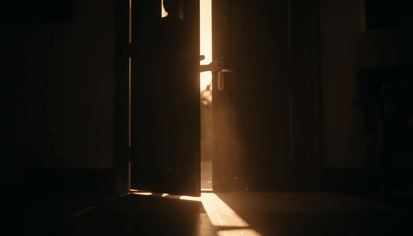 The image depicts a person opening a door, with warm light streaming in from the other side, symbolizing hope and new beginnings in the therapeutic process. This moment can represent the transition towards improved mental health and the importance of finding the right therapist for effective therapy sessions.