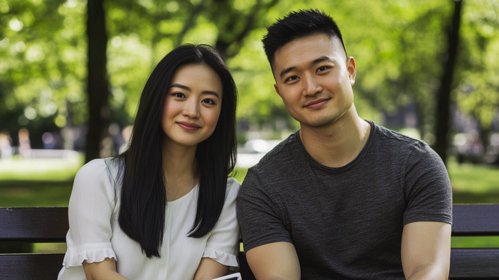 Asian couple sitting together on a Central Park bench with quiet determination, representing why traditional couples therapy fails and how evidence-based online marriage therapy at Loving at Your Best offers a different approach