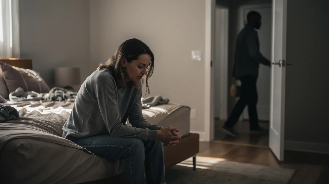 A White woman sits on the edge of an unmade bed, her head bowed and hands clasped together, reflecting a moment of emotional withdrawal. In the background, a Black man is seen walking away through the bedroom doorway, emphasizing the sense of isolation and vulnerability in their relationship, illuminated by soft natural light that casts long shadows across the muted earth-toned space.