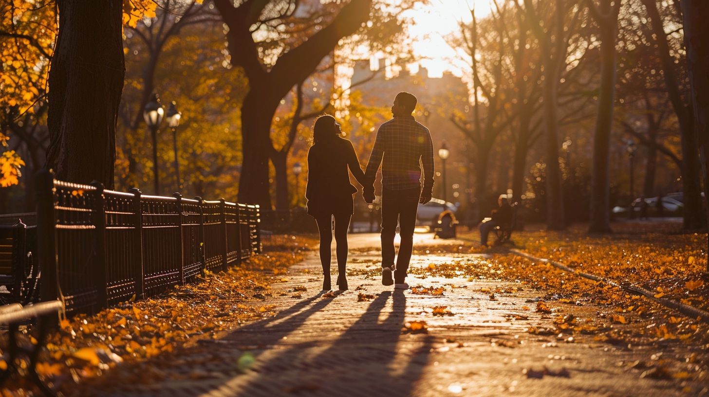 Couple walking together through Prospect Park in Brooklyn, tentatively reaching for each other's hand as they rebuild trust through shared moments